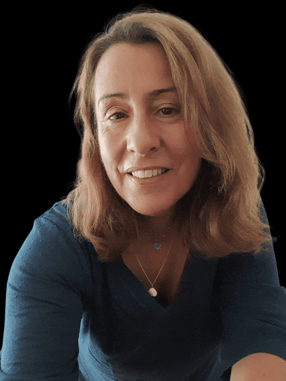 Maria Virgínia1-Photoroom A professional headshot of me smiling at the camera. I have light brown hair, brown eyes, and am wearing a blue shirt with two delicate necklaces—one with a blue heart pendant and the other with a golden heart.
