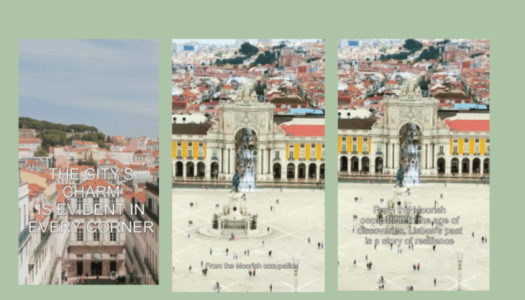 Three vertical panels displaying scenes from Lisbon, Portugal. The center and right panels show the Arco da Rua Augusta leading into Praça do Comércio, with many people in the square. Text overlays the images: 1. "THE CITY'S CHARM IS EVIDENT IN EVERY CORNER" (left panel, white text, slightly hard to read over the light buildings). 2. "From the Moorish occupation" (center panel). 3. "From the Moorish occupation to the age of discovery, the city's spirit is a story of resilience" (right panel, dark text, extremely difficult to read over the busy background).