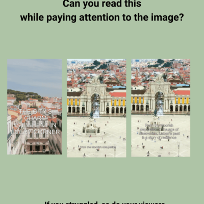Three vertical panels displaying scenes from Lisbon, Portugal. The center and right panels show the Arco da Rua Augusta leading into Praça do Comércio, with many people in the square. Text overlays the images: 1. "THE CITY'S CHARM IS EVIDENT IN EVERY CORNER" (left panel, white text, slightly hard to read over the light buildings). 2. "From the Moorish occupation" (center panel). 3. "From the Moorish occupation to the age of discovery, the city's spirit is a story of resilience" (right panel, dark text, extremely difficult to read over the busy background).